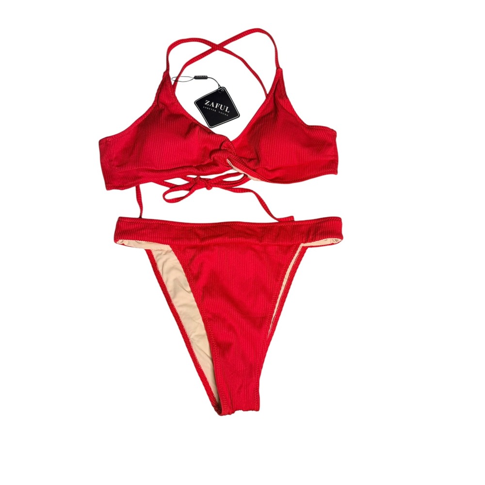 Zaful Red Ribbed Knotted Triangle Bikini Set High Cut High Rise US 6 NEW